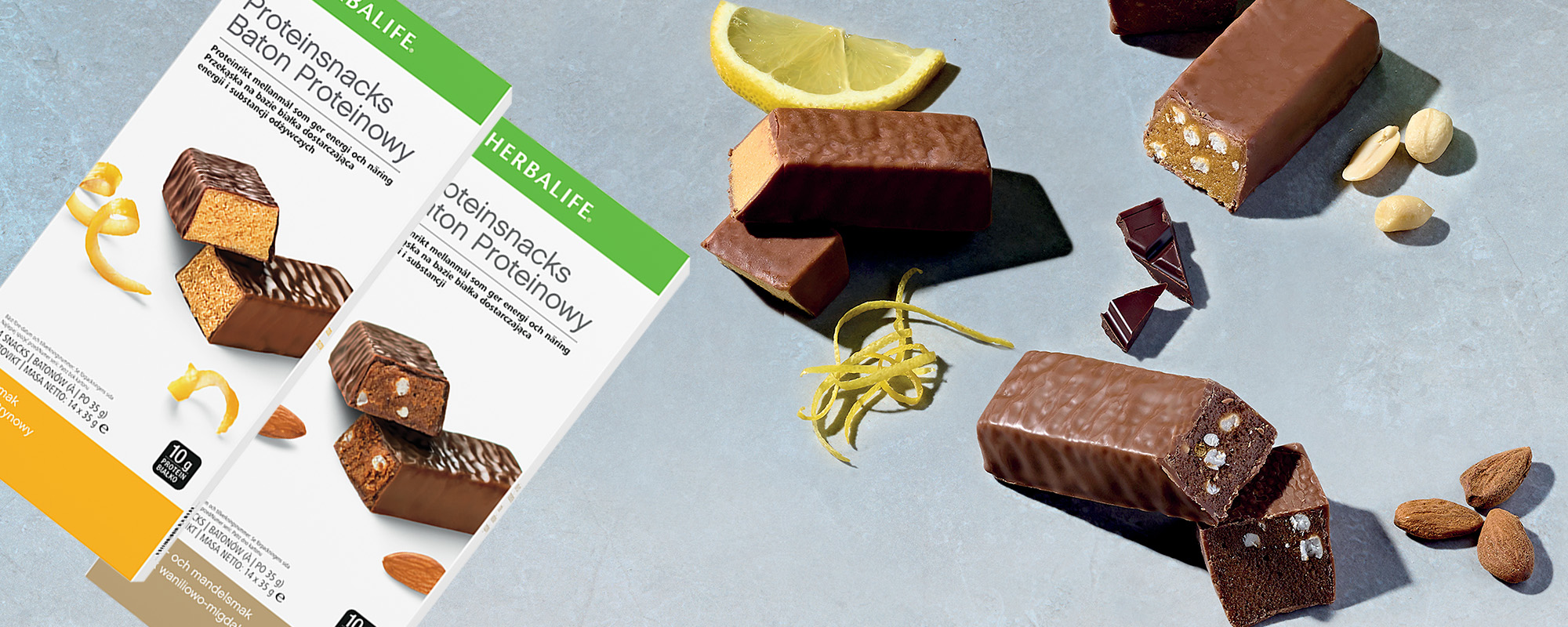 Batony Proteinowe Herbalife — smaki: Waniliowo-Migdałowe oraz Cytrynowe, gotowe do zjedzenia
